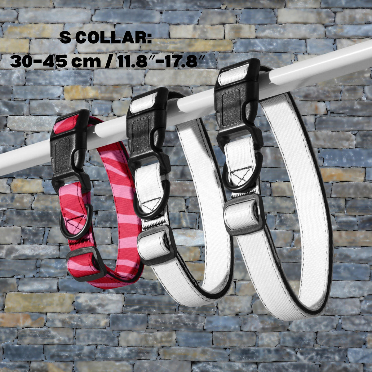 Pink Zebra padded dog collar S size diagram showing a 30–45 cm adjustment range and padded interior.