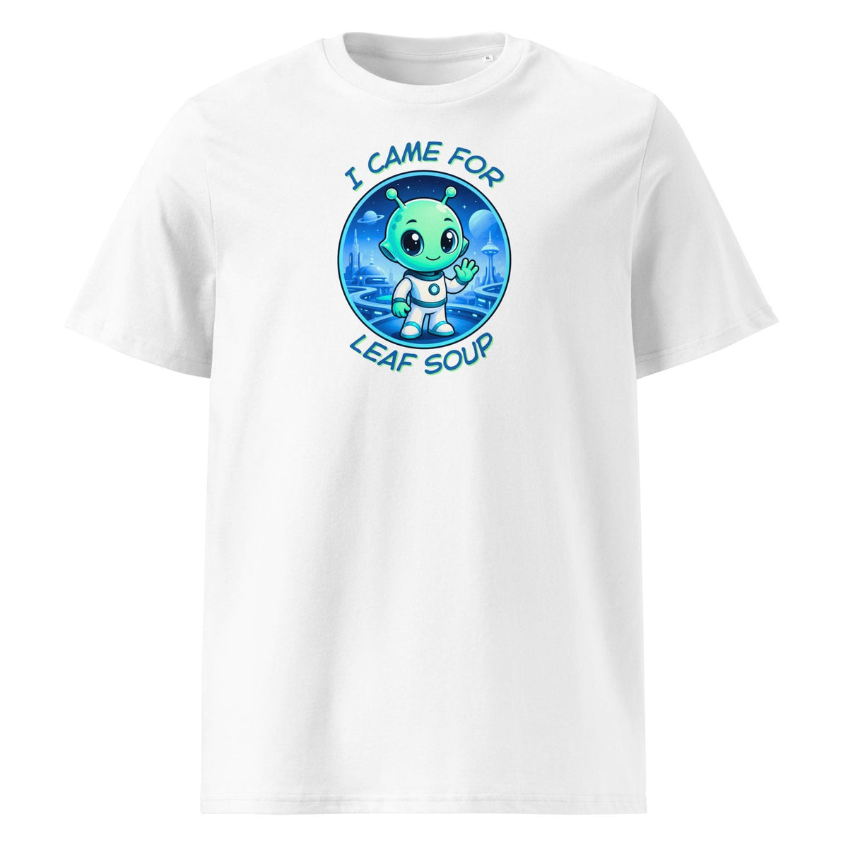Alien Leaf Soup T-shirt in white, front product view on a pale background.