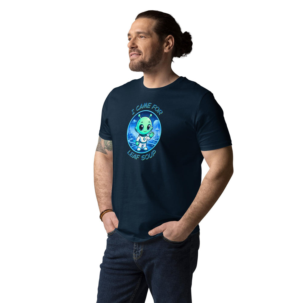 Alien Leaf Soup T-shirt in navy, worn by a model with hands in pockets, three-quarter view.