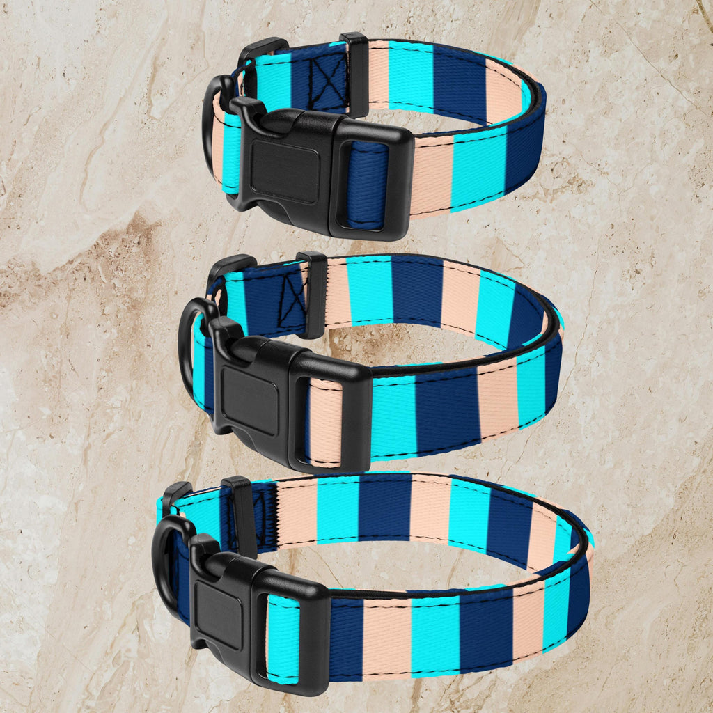 Blue Stripe padded dog collar three collar sizes displayed on a pale stone background.