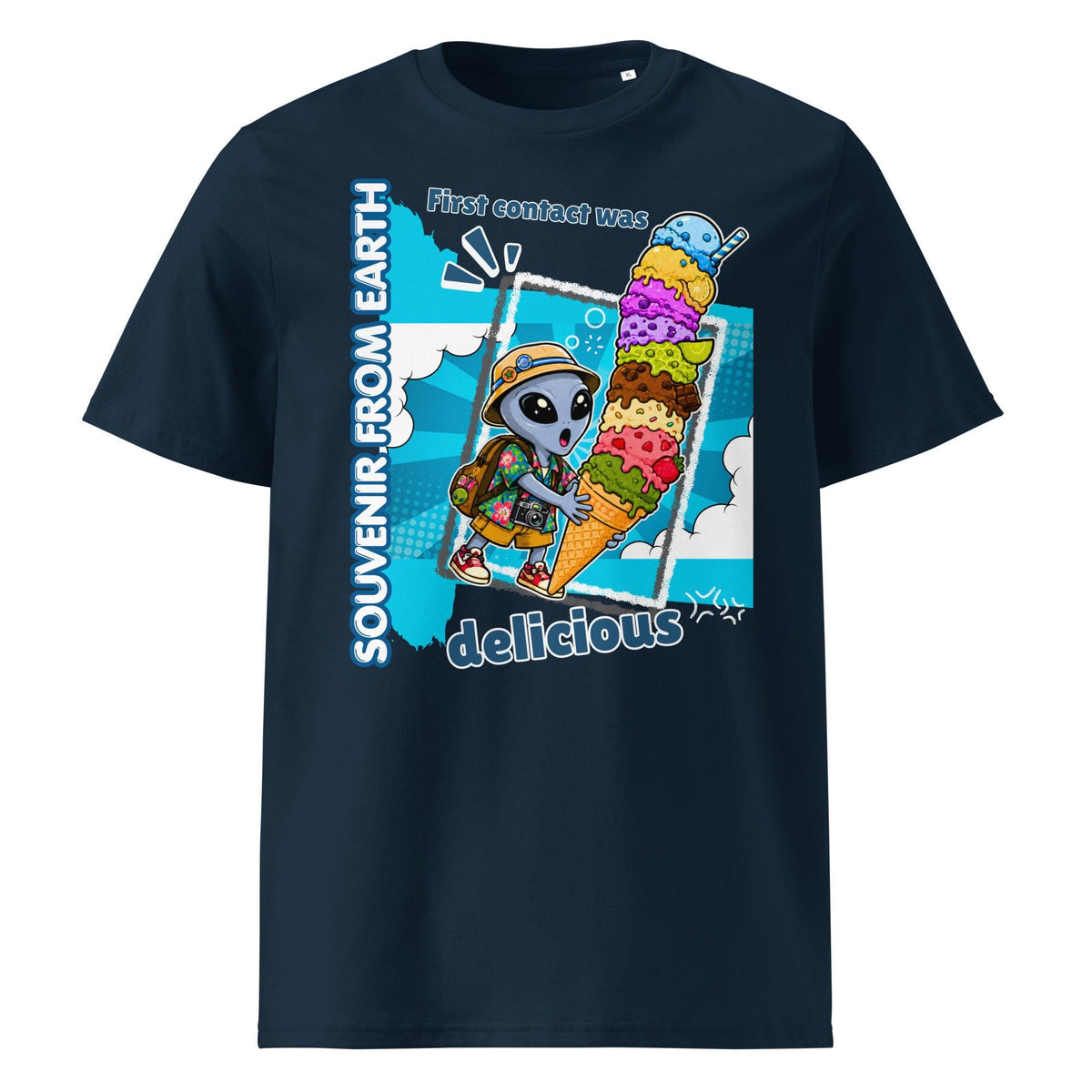 Alien Ice Cream T-shirt in navy, front product view on white.