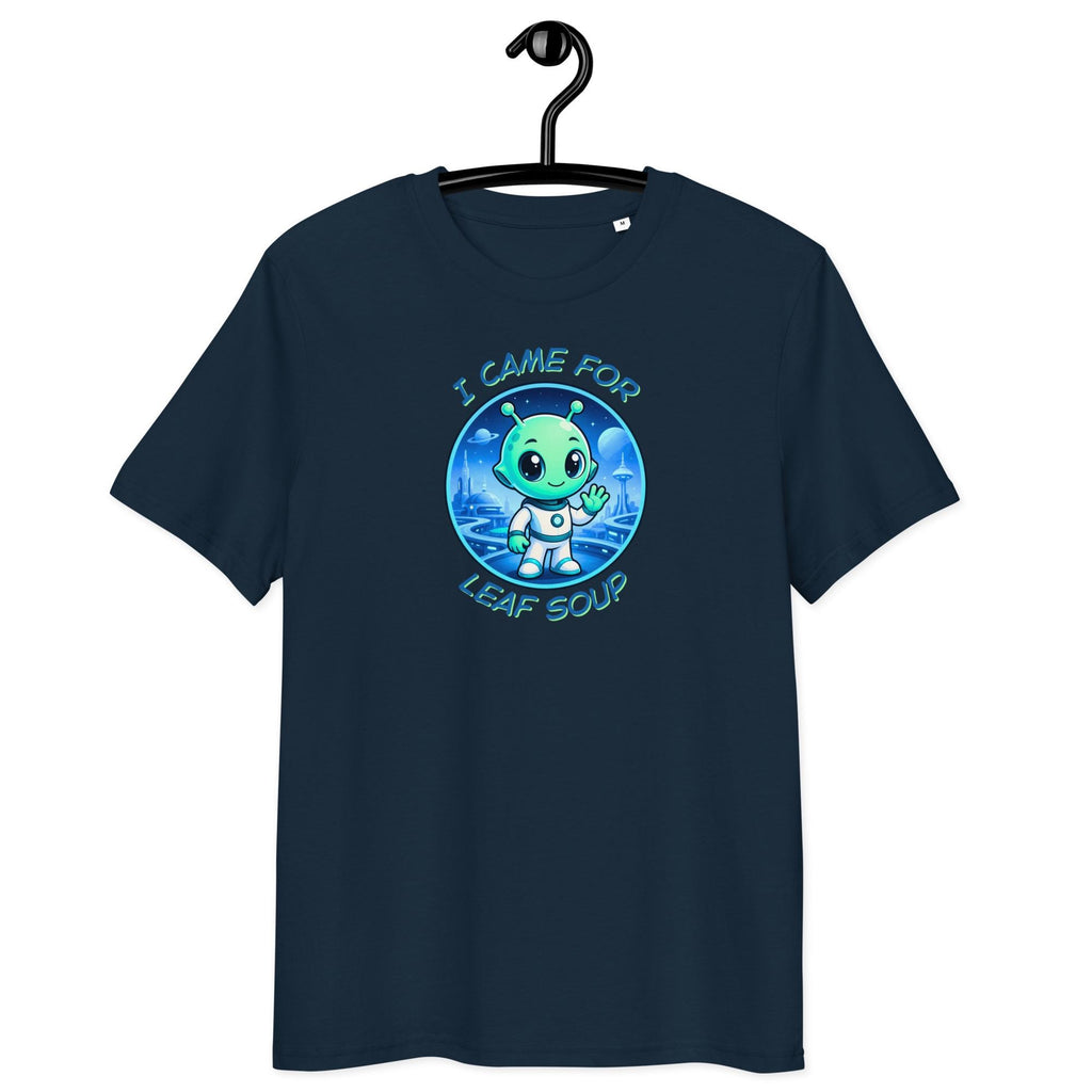 Alien Leaf Soup T-shirt in navy, hanging front view on white.