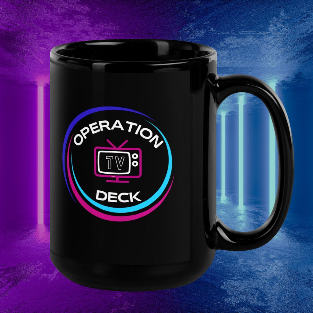 Black Operation Deck gaming mug circular logo side against purple and blue neon lights.