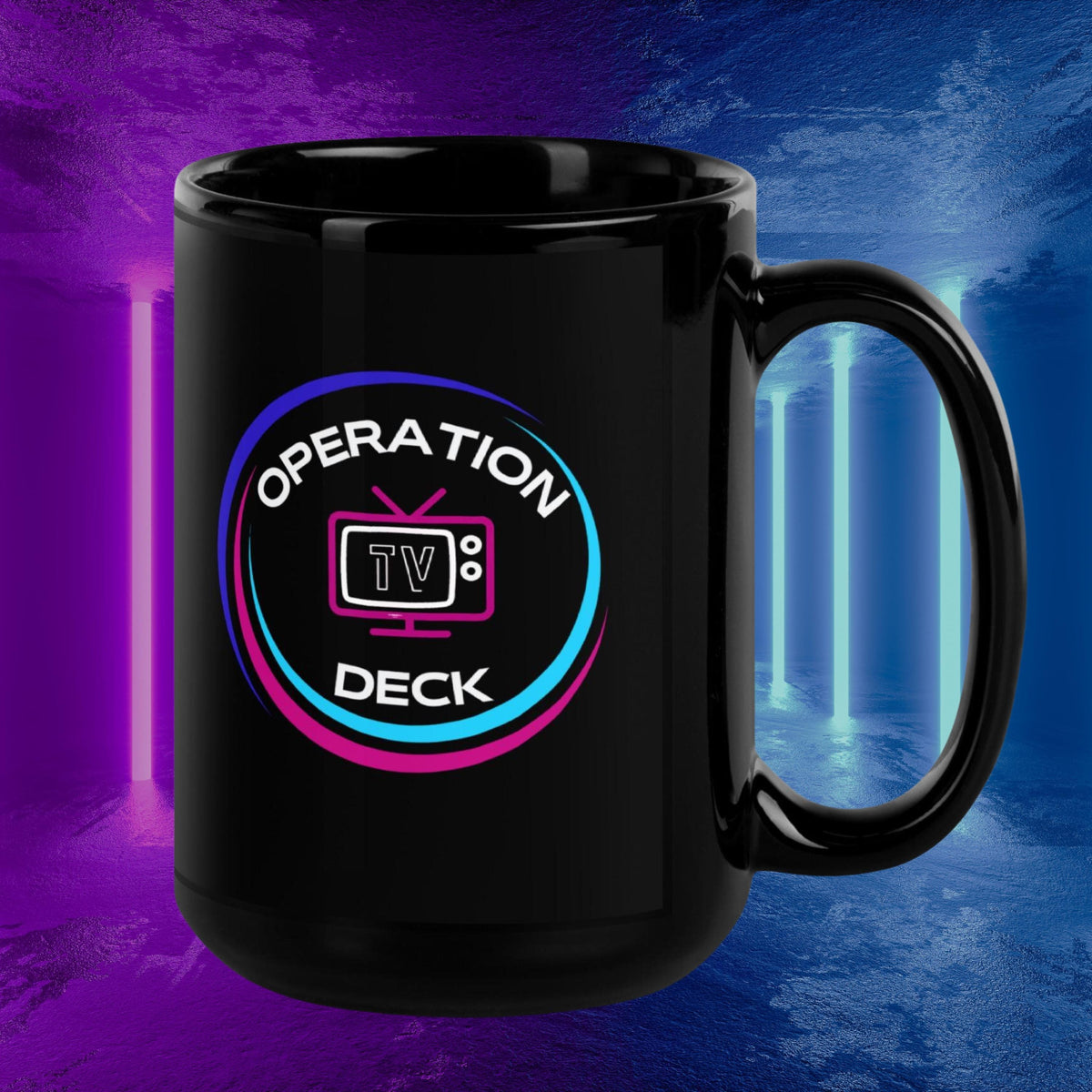 Black Operation Deck gaming mug circular logo side against purple and blue neon lights.