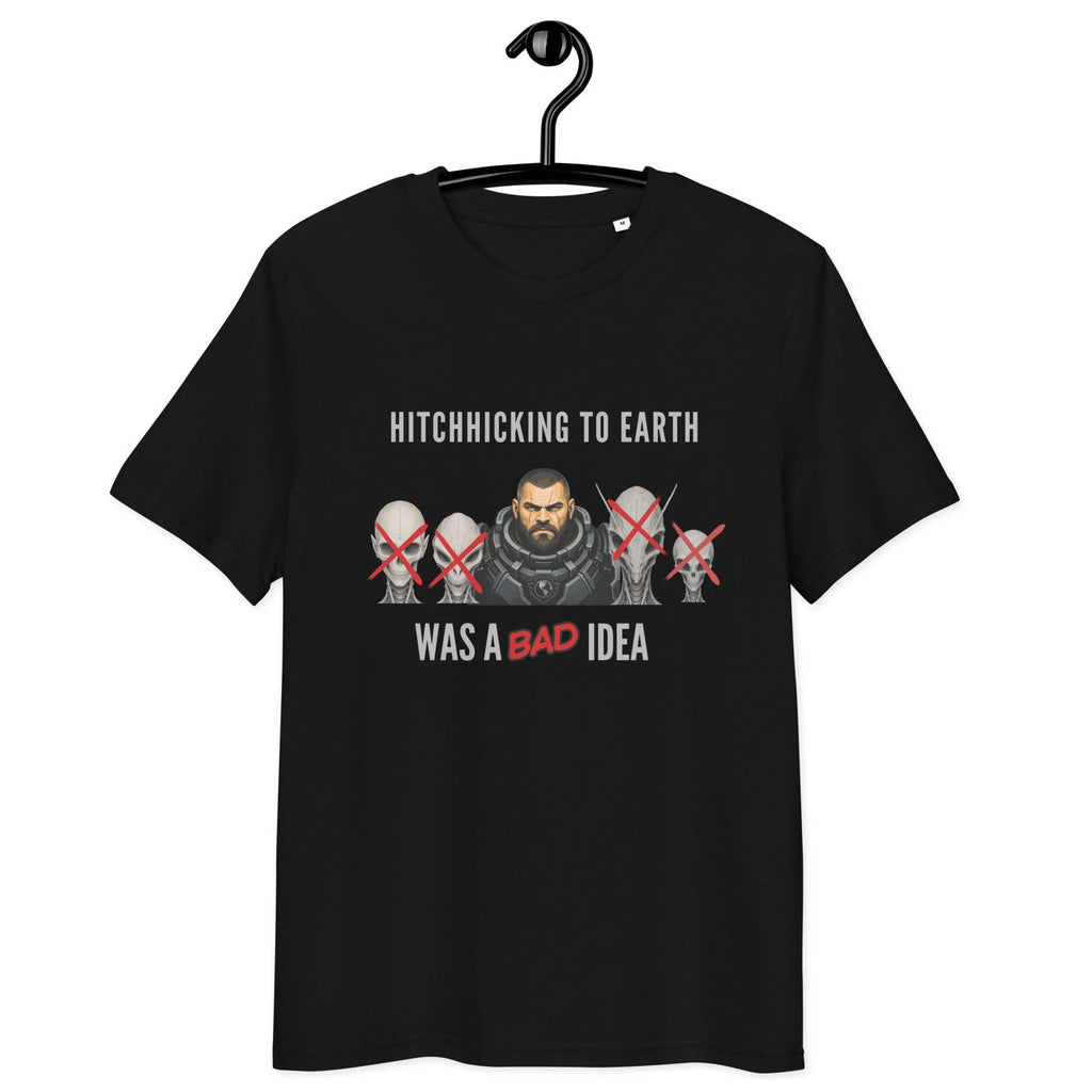 Alien Hitchhiking T-shirt in black, hanging front view on white.