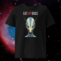 Eat Ze Bugs alien T-shirt in black, front product view of the alien portrait against a galaxy.