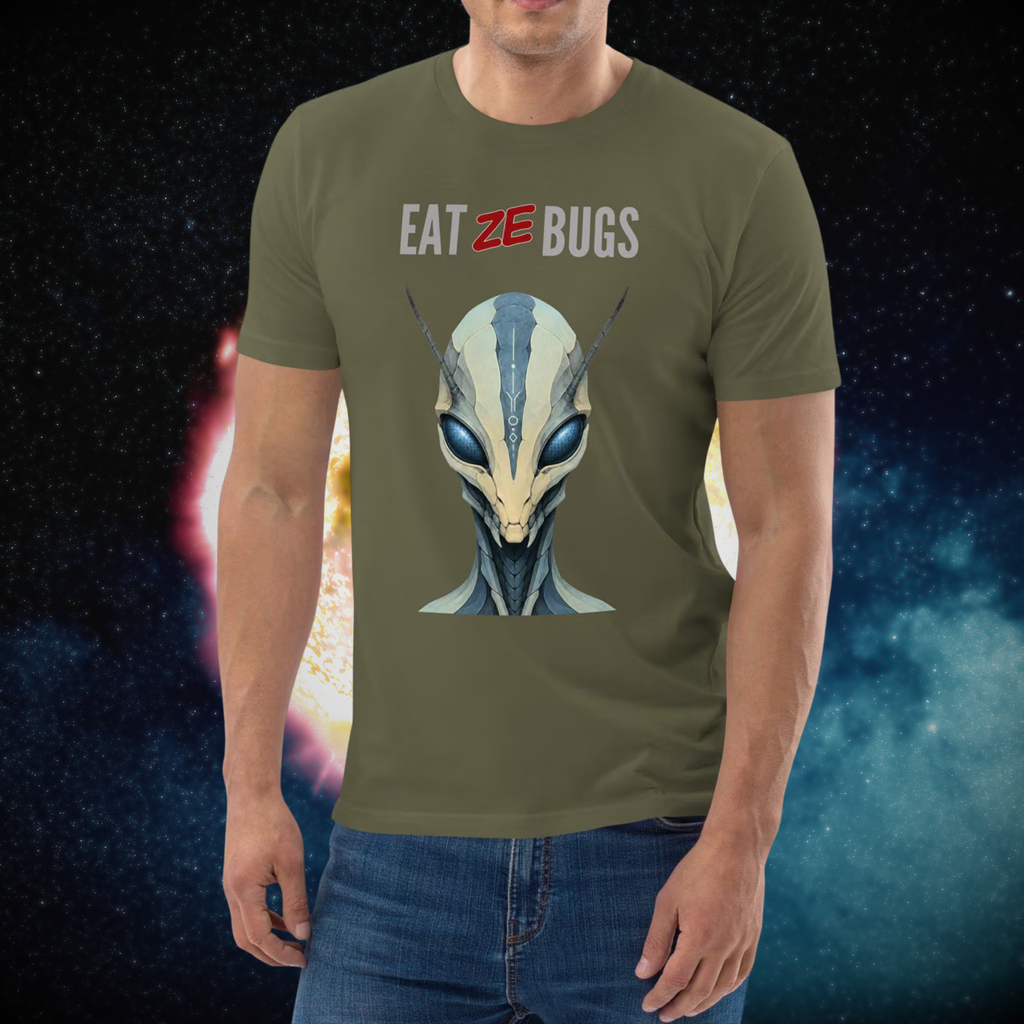 Eat Ze Bugs alien T-shirt in khaki, torso view showing the alien portrait and slogan.