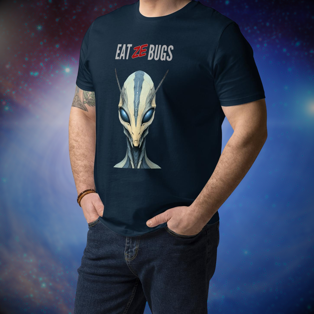 Eat Ze Bugs alien T-shirt in navy, torso view against a galaxy backdrop.