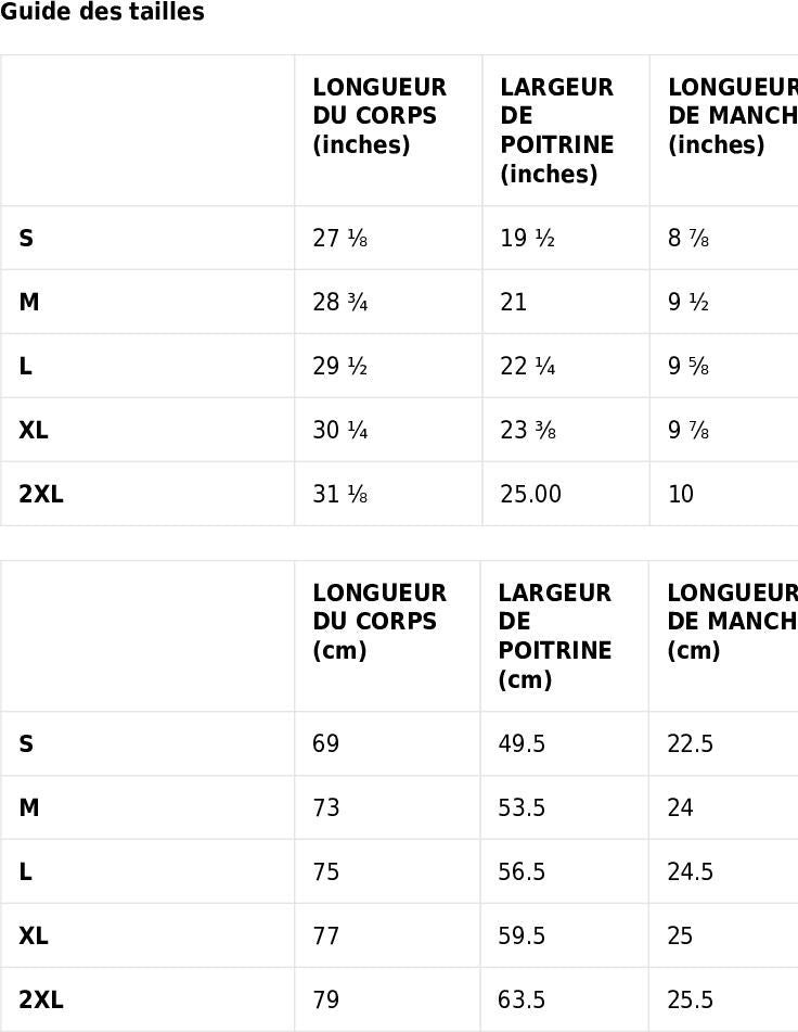 Saint-Tropez Beach Club T-shirt size guide with garment length, chest width and sleeve measurements in inches and centimetres.