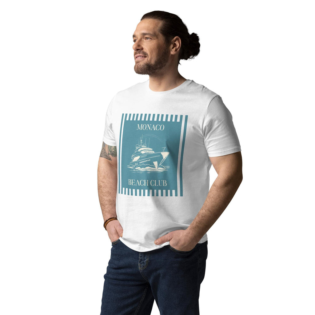 Monaco Beach Club T-shirt in white, worn by a model with jeans, three-quarter view.
