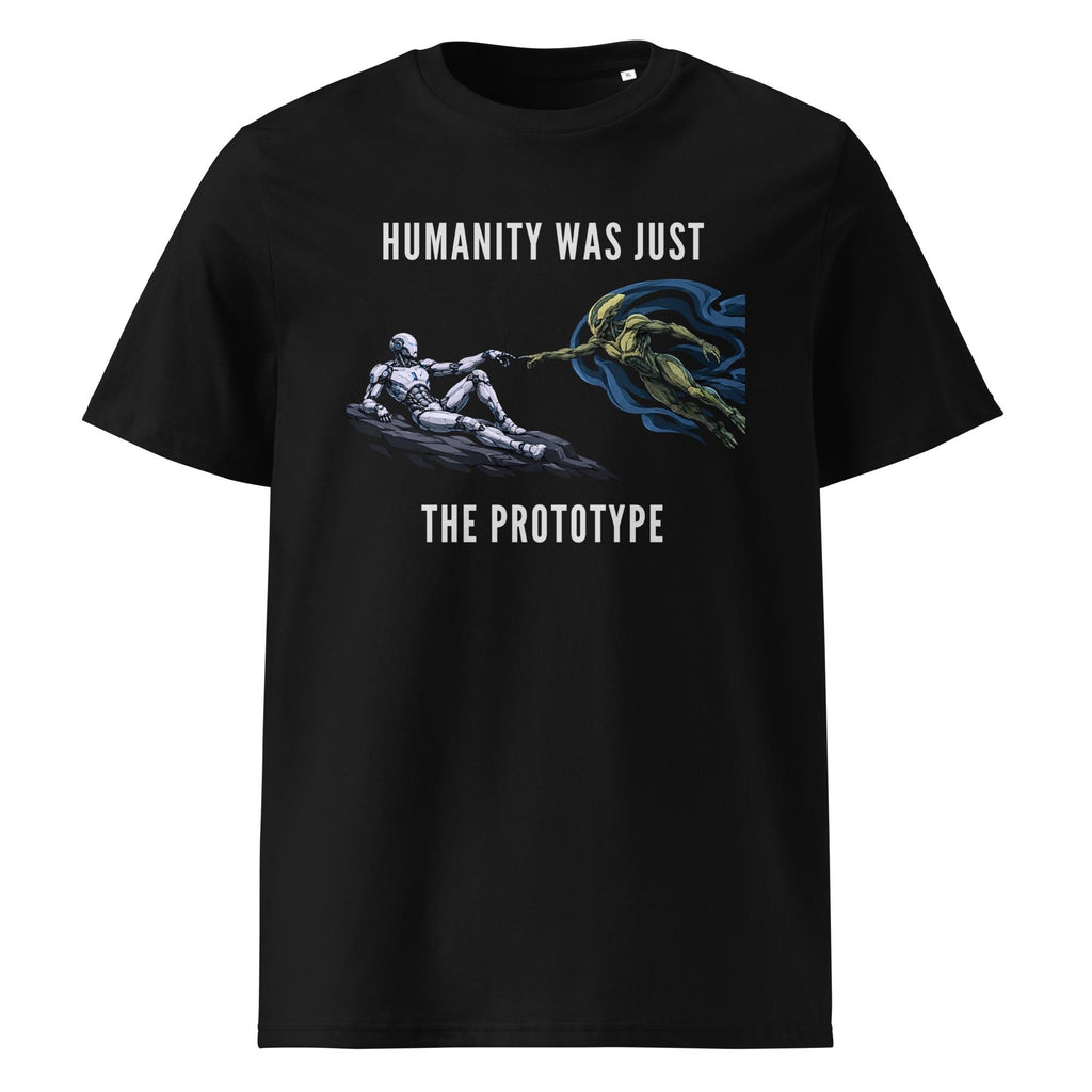 Humanity Prototype AI alien T-shirt in black, front product view on white.
