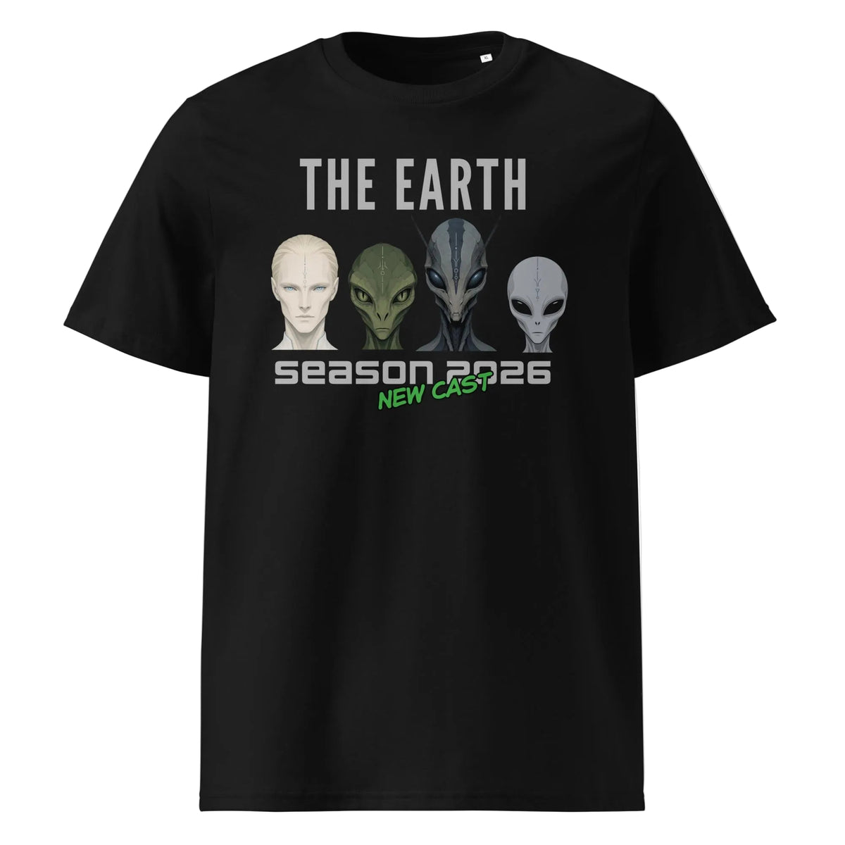 The Earth Season 2026 alien T-shirt in black, front product view on white.