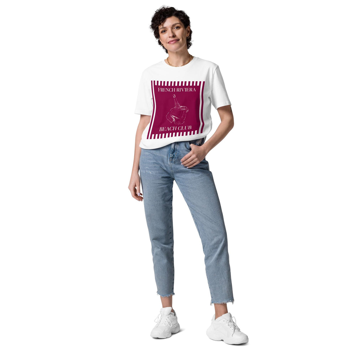 French Riviera Beach Club T-shirt in white, full-length view on a model with blue jeans.
