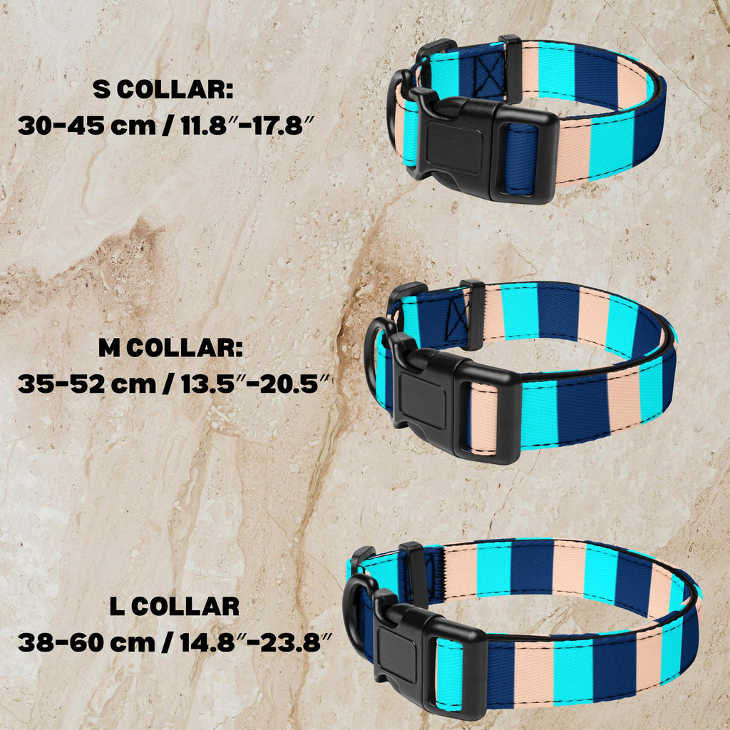 Blue Stripe dog collar and leash set collar size guide: S 30–45 cm, M 35–52 cm and L 38–60 cm.