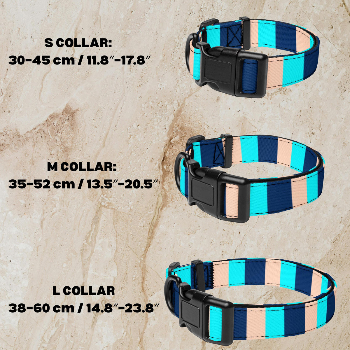 Blue Stripe dog collar and leash set collar size guide: S 30–45 cm, M 35–52 cm and L 38–60 cm.