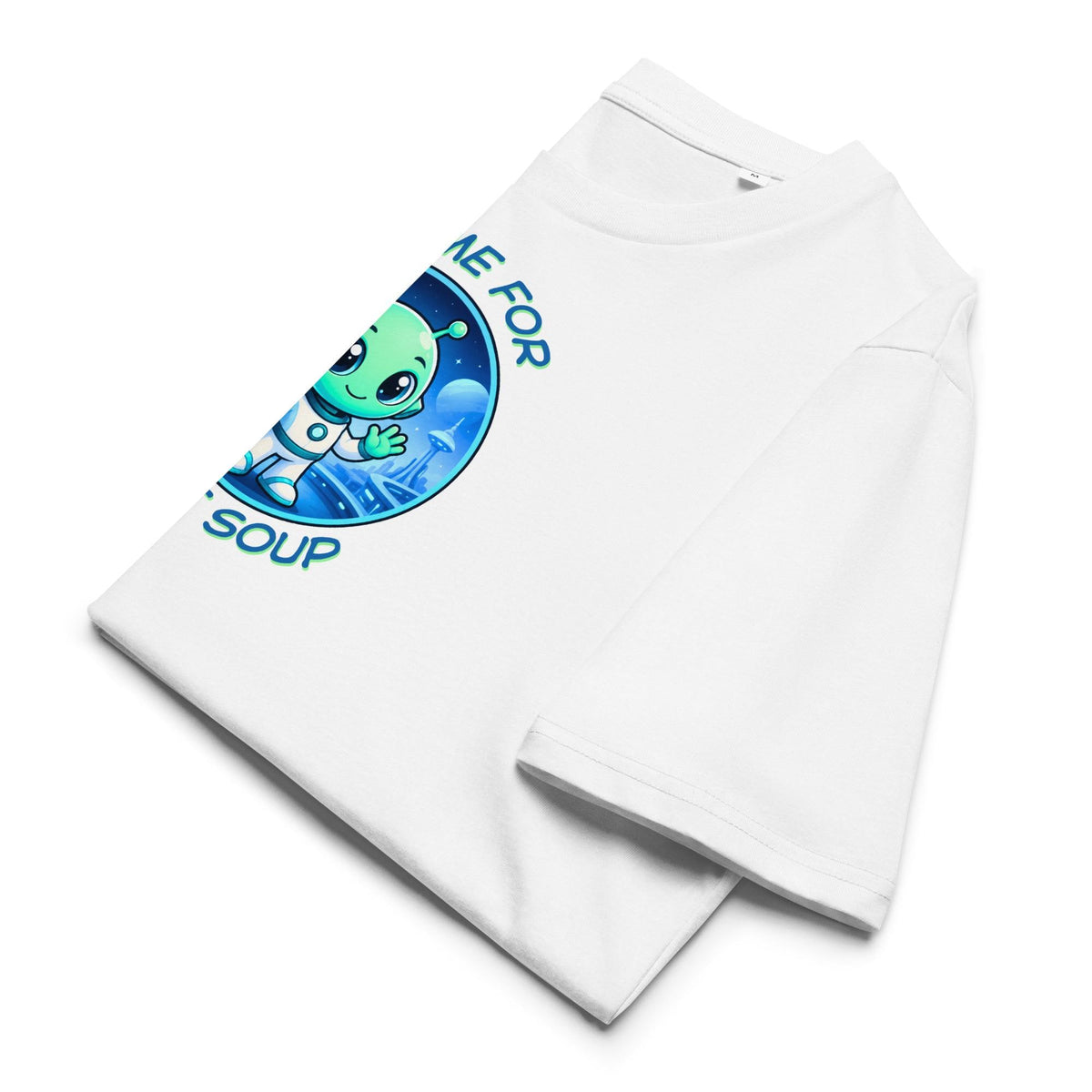 Alien Leaf Soup T-shirt in white, folded to show the alien graphic and Leaf Soup lettering.