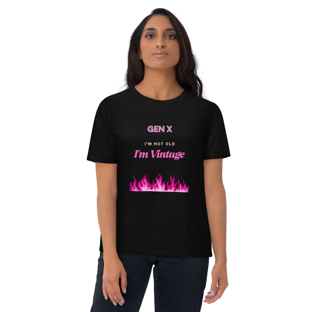 Gen X Pink Flame Vintage T-shirt in black, worn by a model on white, front view.