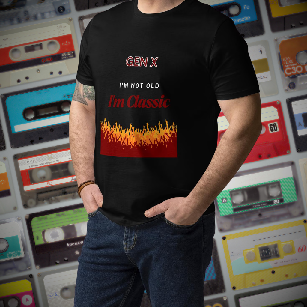 Gen X Orange Flame Classic T-shirt in black, torso view against colorful cassette tapes.