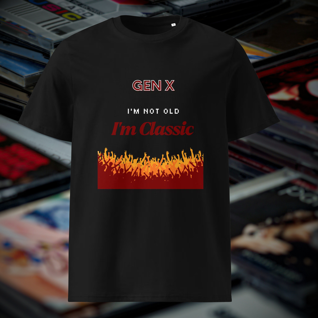 Gen X Orange Flame Classic T-shirt in black, front product view of the orange flame slogan against cassette tapes.