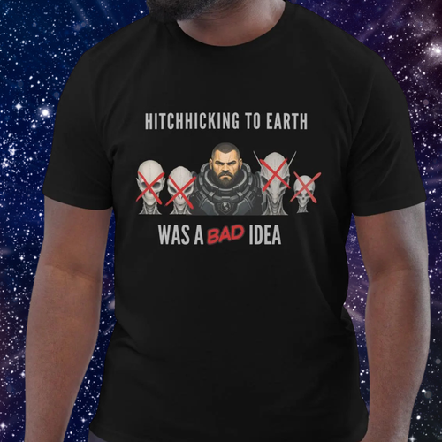Alien Hitchhiking T-shirt in black, torso view showing the slogan and crossed-out alien faces.