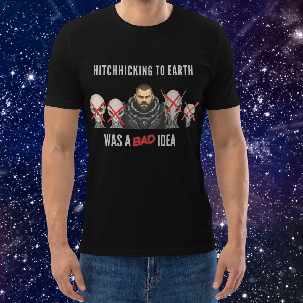 Alien Hitchhiking T-shirt in black, torso view showing the human-and-alien graphic.