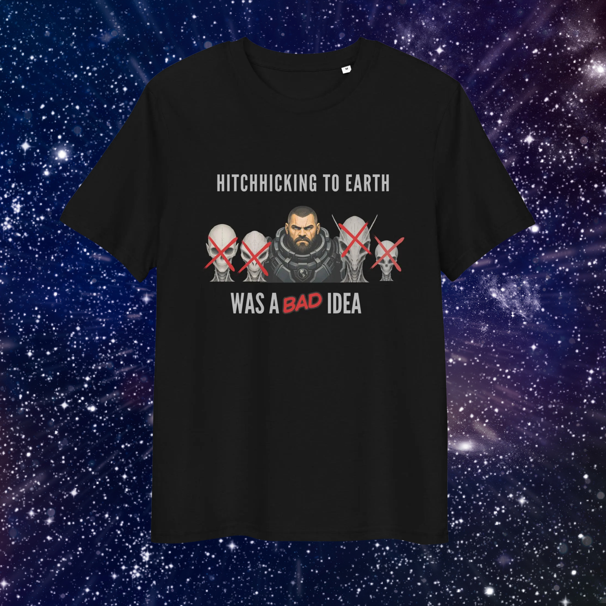 Alien Hitchhiking T-shirt in black, front product view against a starry galaxy.