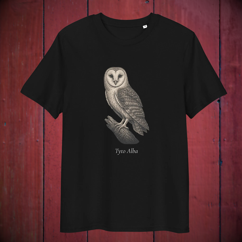 Vintage Barn Owl T-shirt in black, front product view of the detailed owl engraving against red wood.