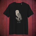 Vintage Barn Owl T-shirt in black, front product view of the detailed owl engraving against red wood.