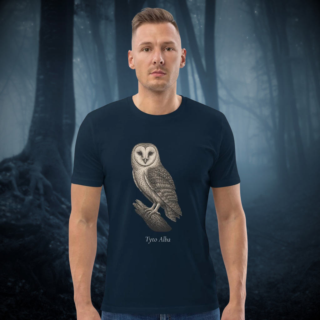 Vintage Barn Owl T-shirt in navy, worn by a model against a misty forest backdrop.