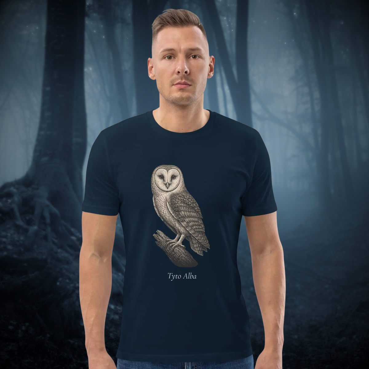 Vintage Barn Owl T-shirt in navy, worn by a model against a misty forest backdrop.