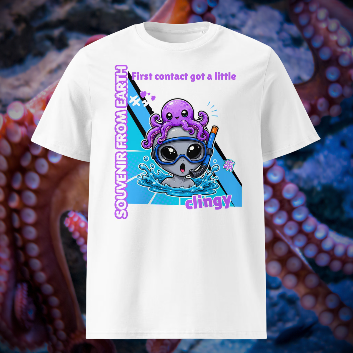 Alien Octopus snorkeling T-shirt in white, front product view against octopus tentacles.