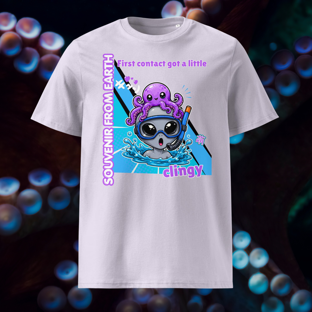 Alien Octopus snorkeling T-shirt in lavender, front product view against an underwater scene.