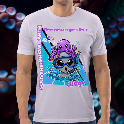 Alien Octopus snorkeling T-shirt in lavender, torso view of the snorkeling alien and purple octopus.