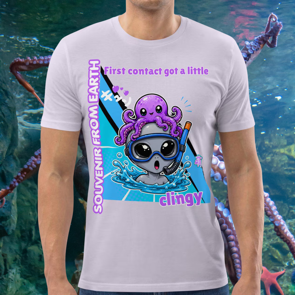 Alien Octopus snorkeling T-shirt in lavender, torso view against an underwater backdrop.