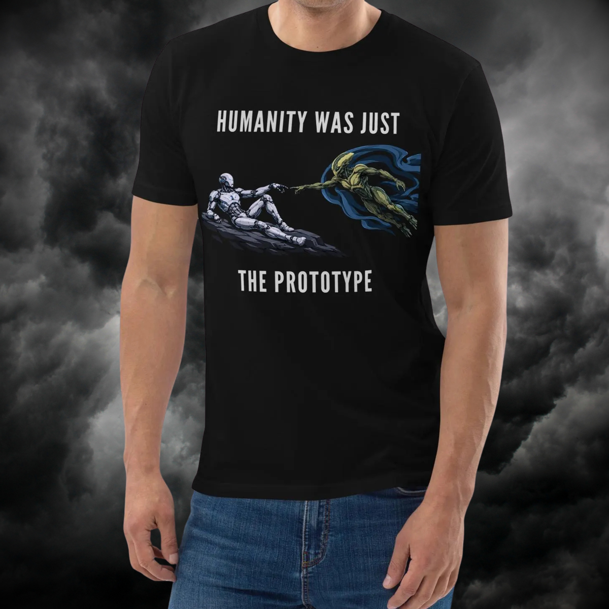 Humanity Prototype AI alien T-shirt in black, torso view showing the robot-and-alien illustration.