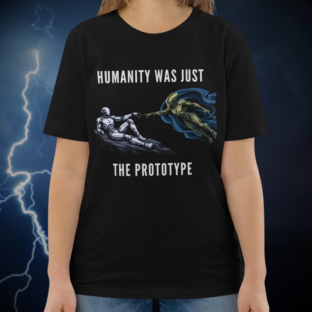 Humanity Prototype AI alien T-shirt in black, torso view against a lightning backdrop.