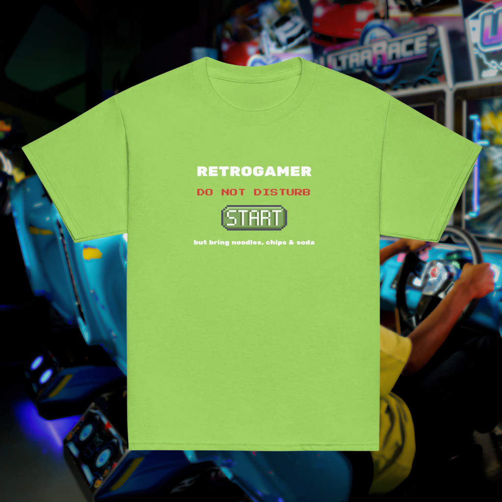 Retrogamer kids' T-shirt in lime green, front product view against arcade machines.