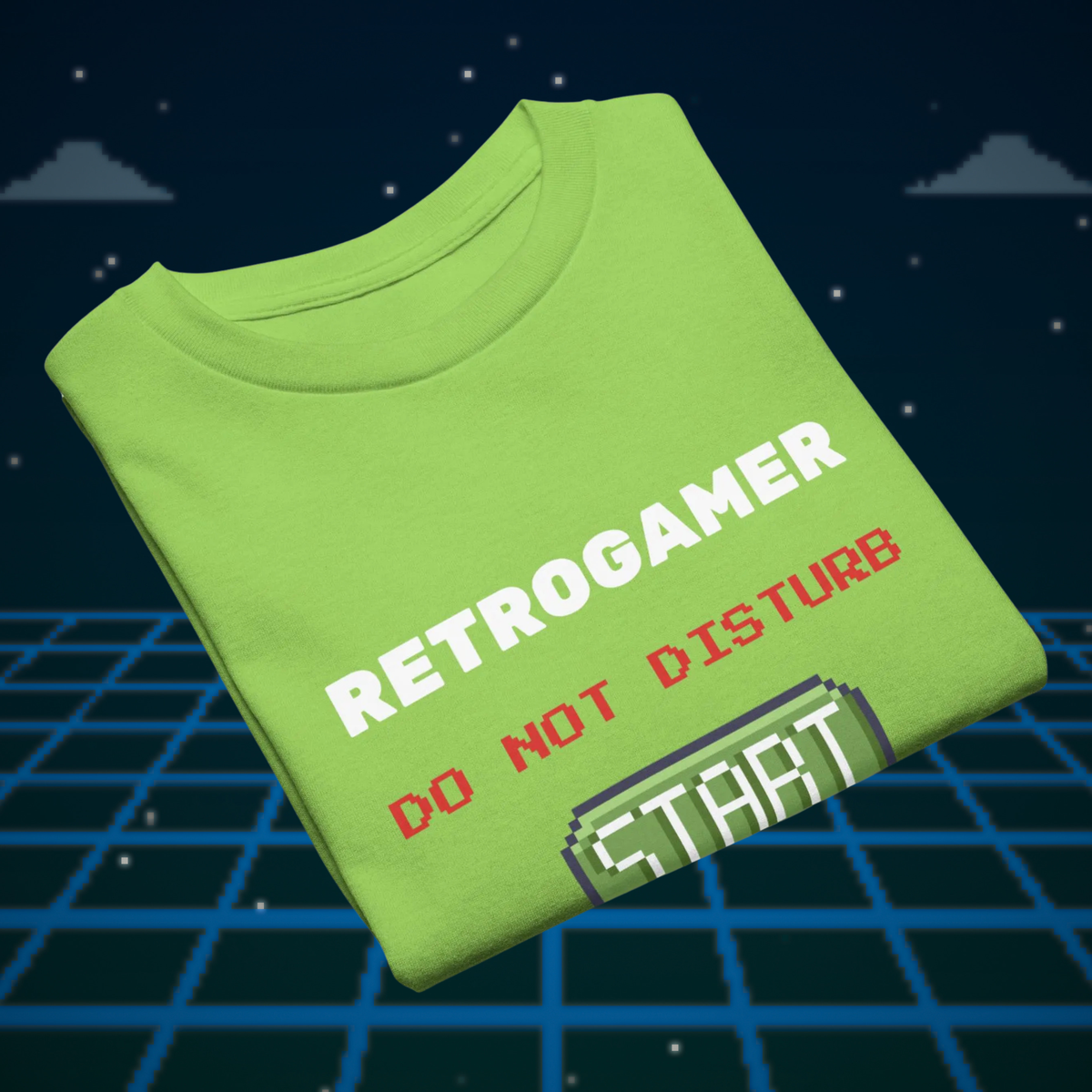Retrogamer kids' T-shirt in lime green, folded against a neon grid.