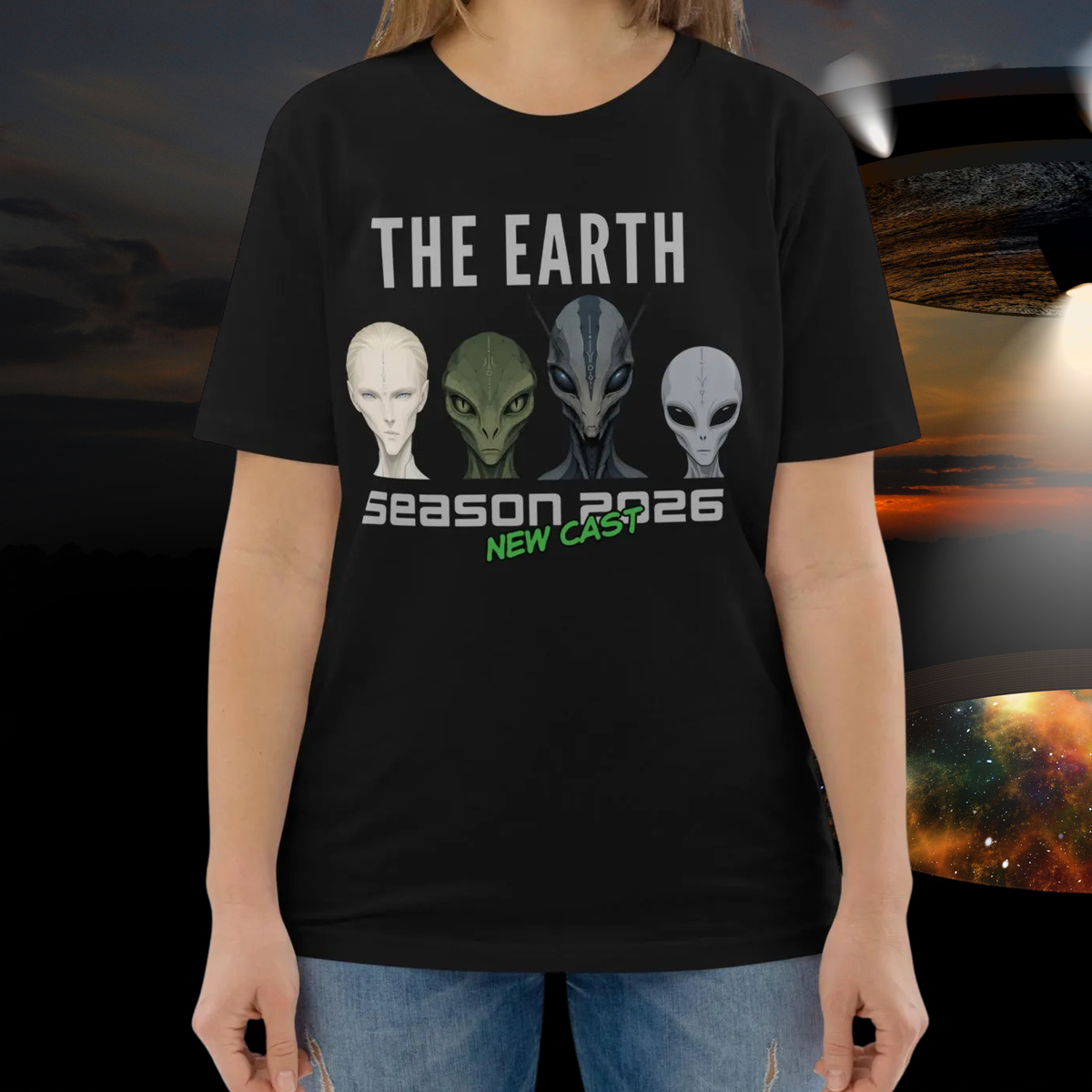 The Earth Season 2026 alien T-shirt in black, torso view showing the New Cast graphic.