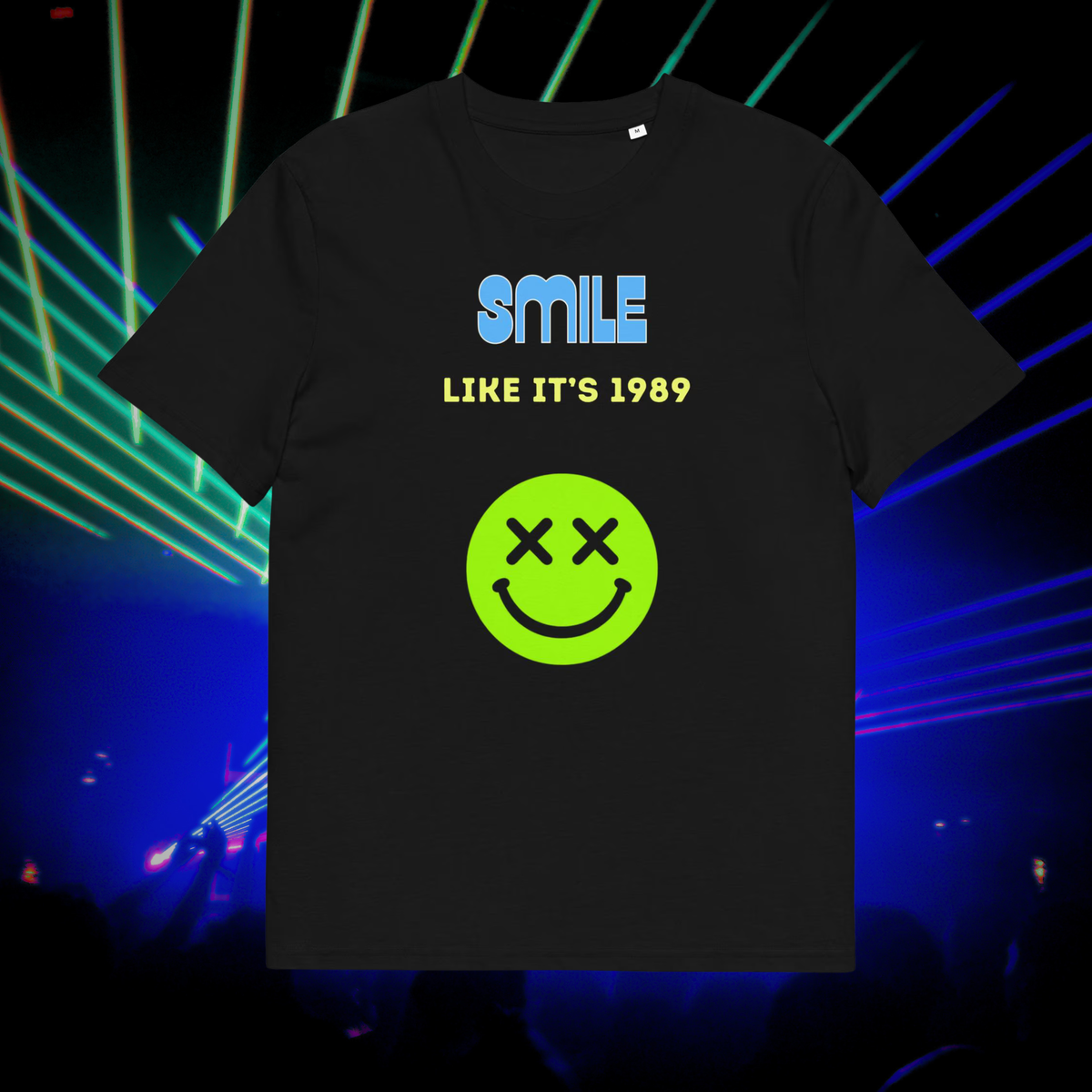 Smile Like It's 1989 rave T-shirt in black, front product view of the neon green smiley and blue lettering.
