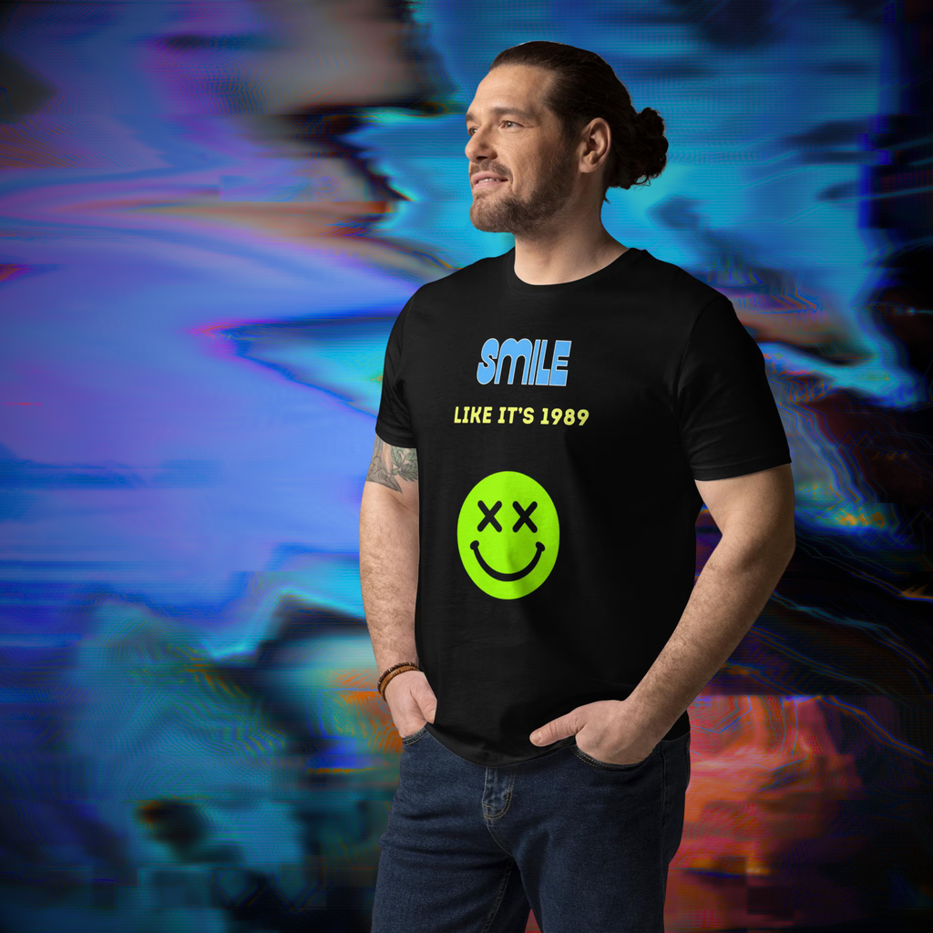 Smile Like It's 1989 rave T-shirt in black, worn by a model against a colorful dancefloor backdrop.