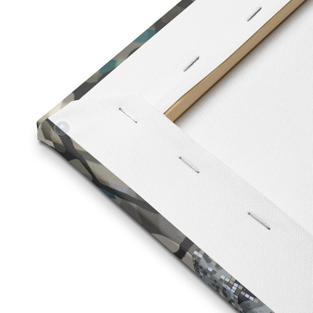 Rear corner of the thin canvas showing the wooden stretcher, staples and printed fabric wrapped around the edge.