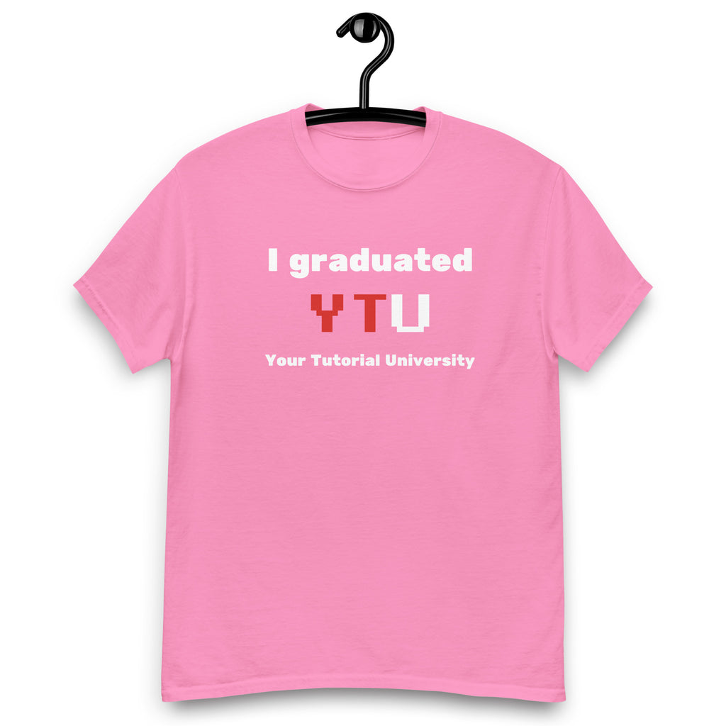 I Graduated YTU T-shirt in pink, hanging front view on a white background.