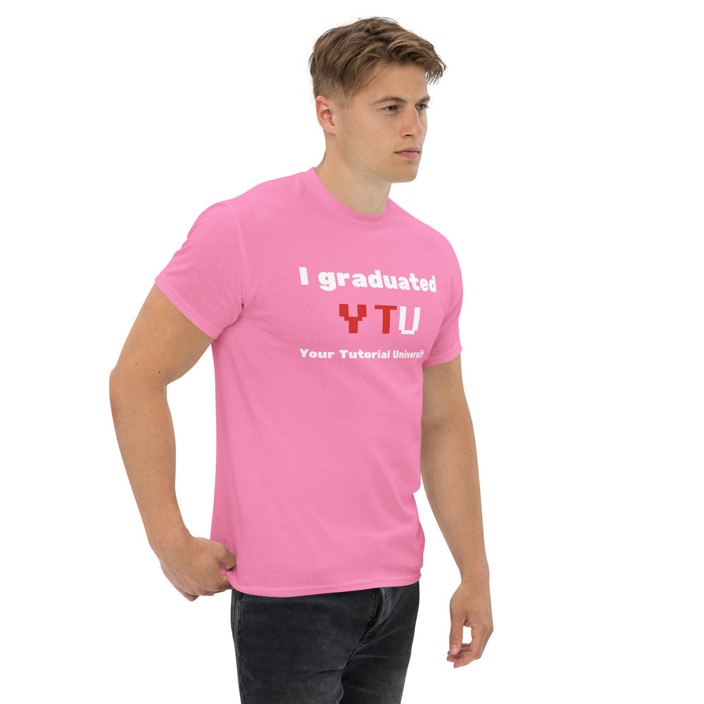 I Graduated YTU T-shirt in pink, worn by a model on white, side three-quarter view.