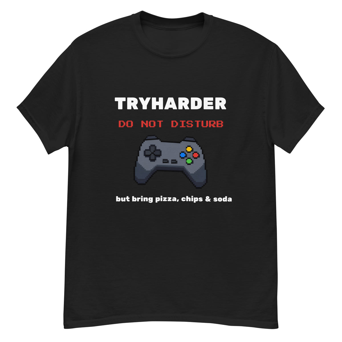 Tryharder gamer T-shirt in black, flat front view on a white background.