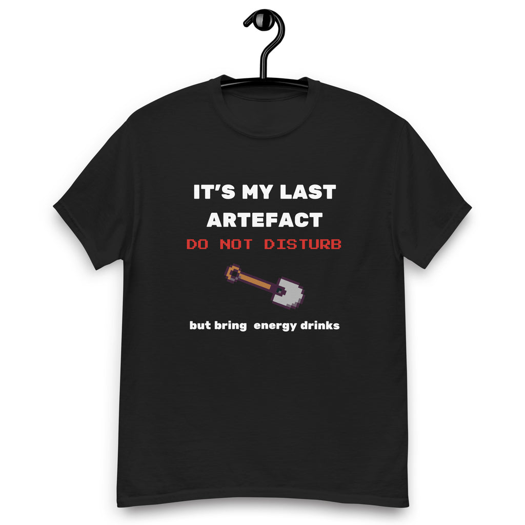It's My Last Artefact gamer T-shirt in black, hanging front view on a white background.