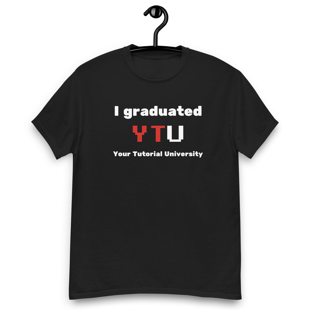 I Graduated YTU T-shirt in black, hanging front view on a white background.