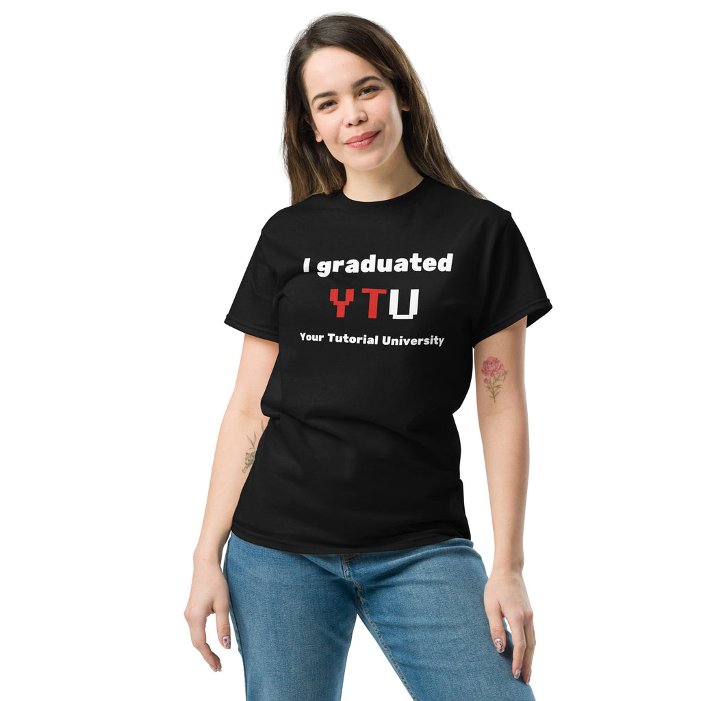 I Graduated YTU T-shirt in black, worn by a model on white, front view.