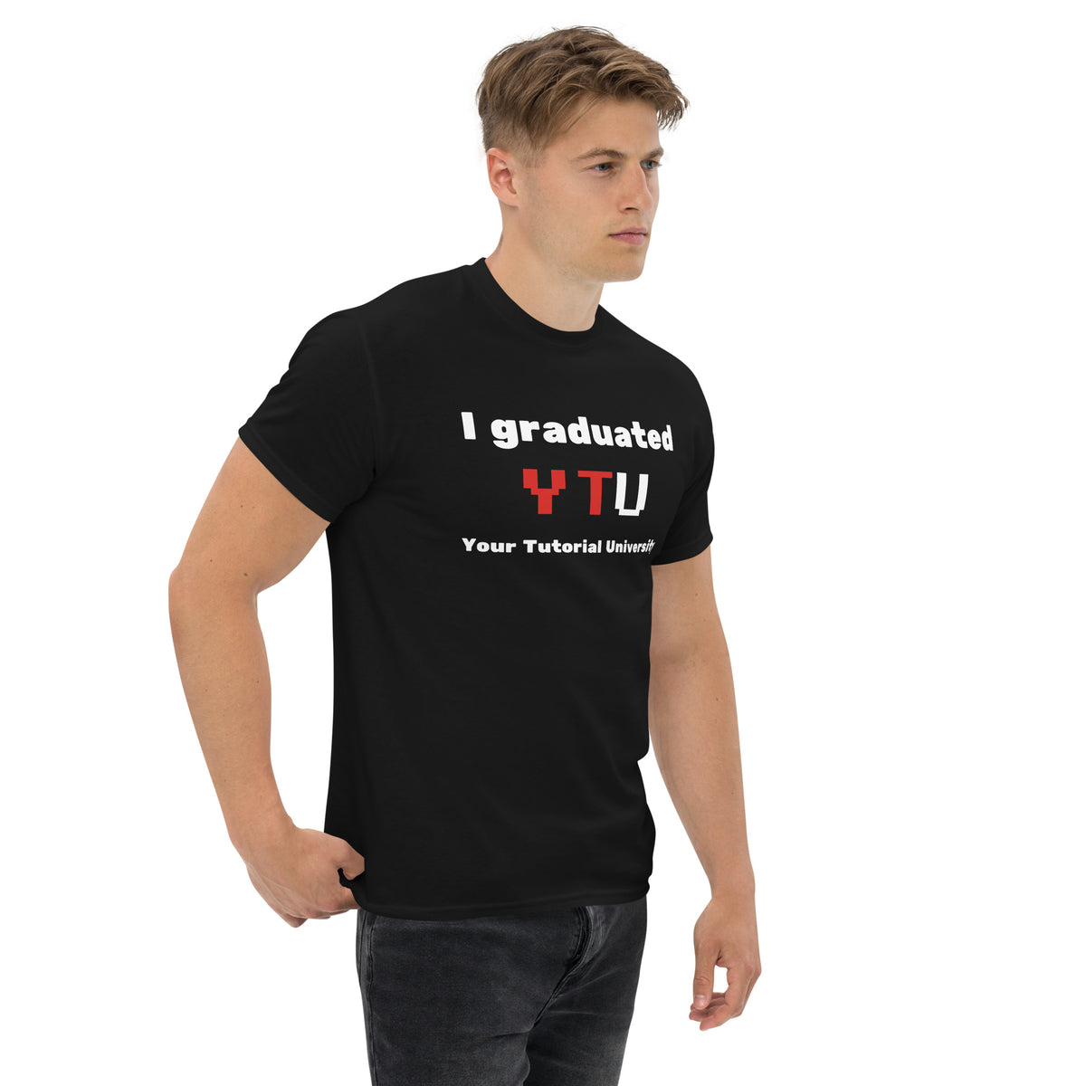 I Graduated YTU T-shirt in black, worn by a model on white, side three-quarter view.