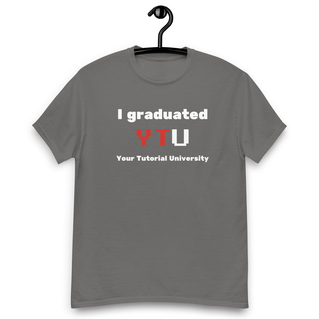 I Graduated YTU T-shirt in charcoal, hanging front view on a white background.